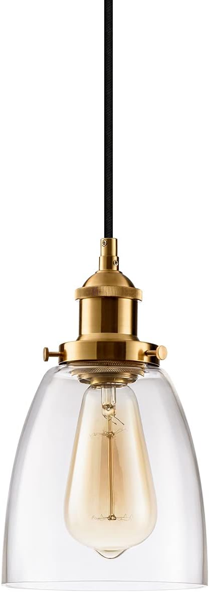 Kitchen Mini-Pendant Light Industrial Edison Hanging Light Island Clear Glass Adjustable Nylon Core Ceramic Holder Lighting Fixture Indoor for Dining Room Entryway Loft (Bulb Not Included) (Brass)