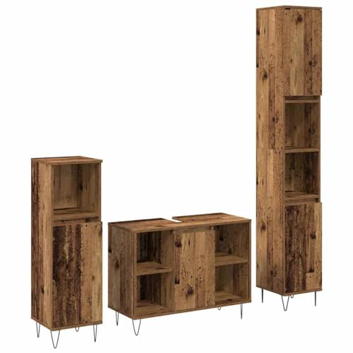 vidaXL Badezimmermöbel-Set mit Regal 3 pcs Altholz Holzwerkstoff, Stylisches Badezimmer-Set, rechteckig, modernes Design, viel Stauraum, Robustes Möbelstück, Holzschrank