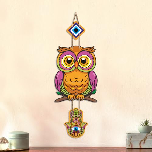 Image of Artvibes Owl Evil Eye Protection Wall Hanging for Home Entrance | Lucky Owl MDF Nazar Battu Decor | Decorative Vastu Wall Art for Bedroom | Office | Balcony & Living Room | Home Accent (WH 8528N)