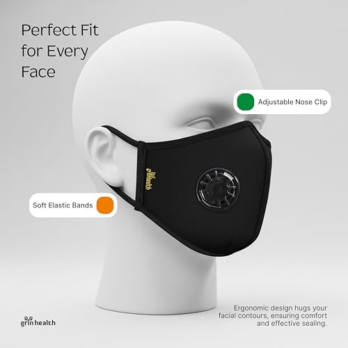 Image of Grin Health N99 Anti Pollution Mask with Acitivated Carbon with Valve Reusable & Washable, Unisex (Standard Size - Fit Most, Black)