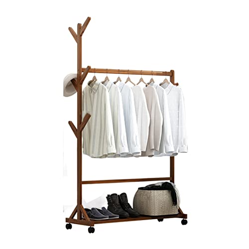 3-In-1 Clothes Hanging Rack Garment Rack Bamboo Clothing Rack On Wheels Rolling Coat Rack Hanging Rack Clothing Organizer With Storage Shelf And 6 Hooks For Hanging Clothes Hats And Scarves #TOP6