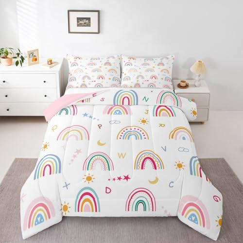 Image of Feelyou Cartoon Rainbow Letters Bedding Set Soft for Boys Girls, ABC Alphabet Comforter Set Queen Size Cute Rainbow Duvet Quilt Microfiber Educational Bedroom Decor 3 Pcs with 2 Pillow Cases