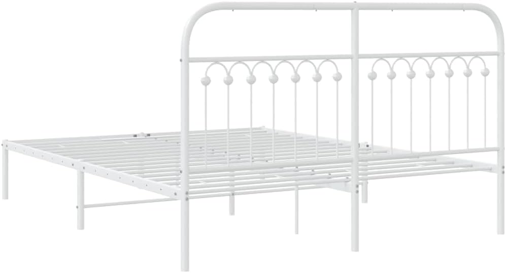 White Steel King Bed Frame with Rectangular Headboard, Durable Heavy-Duty Metal Platform Foundation for Bedroom, Sturdy Slatted Mattress Support, Easy Assembly, Modern Minimalist Design