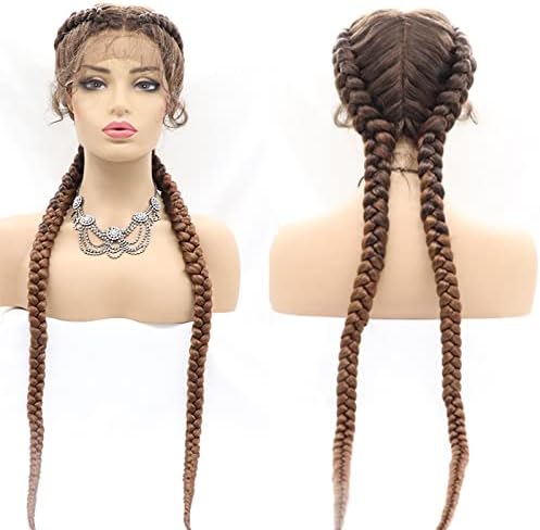 Xiweiya 36inch Mixed Brown Double Twist Hand Braided Lace Front Wigs for Women 100% Hand Made Copper Braideing 360 Swiss Lace Front Wig with Baby Hair