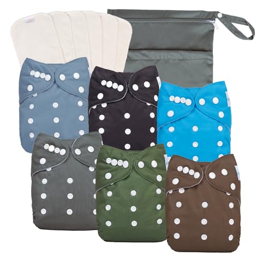 Image of babygoal Baby Boy Cloth Diapers 6 Pack with 6pcs Inserts and Wet Bag, Reusable Waterproof Diaper Covers for Toddlers with Snap Closure