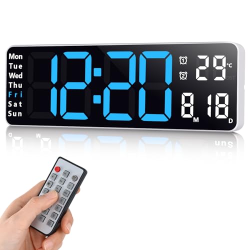 Fuloon Digitale Wanduhr,USB Wanduhr mit 13-Zoll-Großdisplay,LED-Digitaluhr mit Fernbedienung,Timing und Countdown,digitaler Wecker mit Datum,Woche,Temperatur (Blau, 13 Zoll)