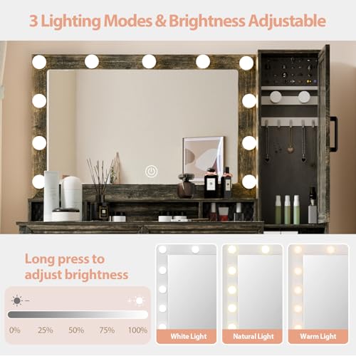 Image of Farmhouse Vanity Desk with 3 Adjustable Light Colors & Power Outlet, Makeup Vanity Table with Sliding Jewelry Cabinet, Built-in Lipstick Organizer, 3 Drawers & Shelves for the Bedroom, Brown