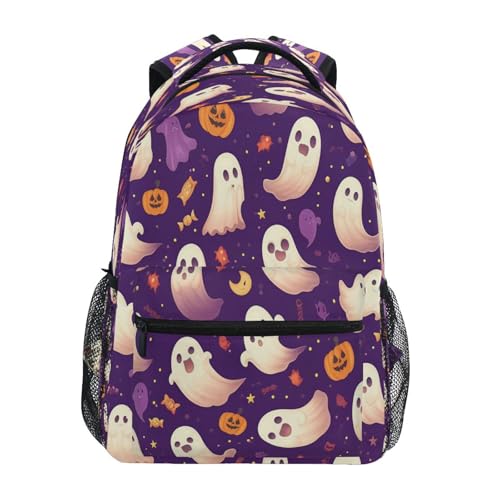 Dussdil Ghost Halloween Pumpkin Purple Kids Backpack School Backpacks for Boys Girls 16 IN Book Back Pack Bag Casual Travel Daypack with Adjustable Shoulder Strap Zipper