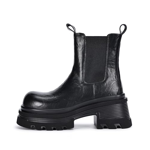 Black Platform Chunky High Heeled Chelsea Boots for Women Comfortable Slip-on Genuine Leather Lug Sole Elastic Ankle Boots2
