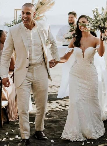 Men's Linen Suit Slim Fit 2 Pieces Beach Wedding Suit Summer Casual Blazer Pants Set3