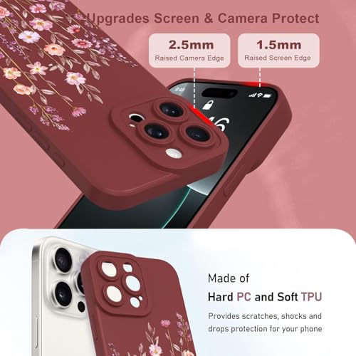 Image of Designed for iPhone 16 Pro Case Flower for Women Girls, Wine Red | Cute Floral Pattern Liquid Silicone Phone Case [Full Camera Protection] Slim Soft TPU Protective Cover