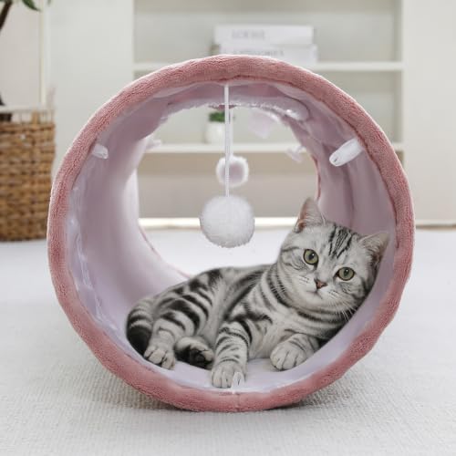 Image of Straight Bubble Cat Tunnel for Indoor Cats 47 inchx12 inch, Dusty Pink | Cute Cat Toys, Collapsible Tunnel Tube with Hanging Balls for Puppy Kitten Rabbit