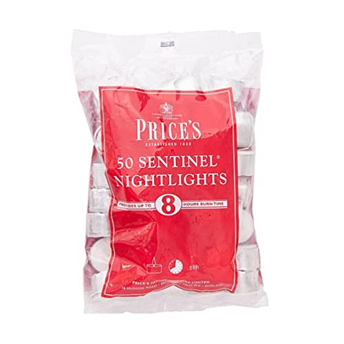 Price's - Sentinel Nightlights - Bag of 50 - Long Life Tea Lights - 8 Hour Burn Time - Quality White Wax