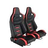 WTRAVEL Racing Seats 2 Pcs Reclinable Bucket Seats with 2 Sliders Adjustable PU Leather Seats Universal Sport Seats for Cars (Black Red, 36.6'×21.2'×21.6')