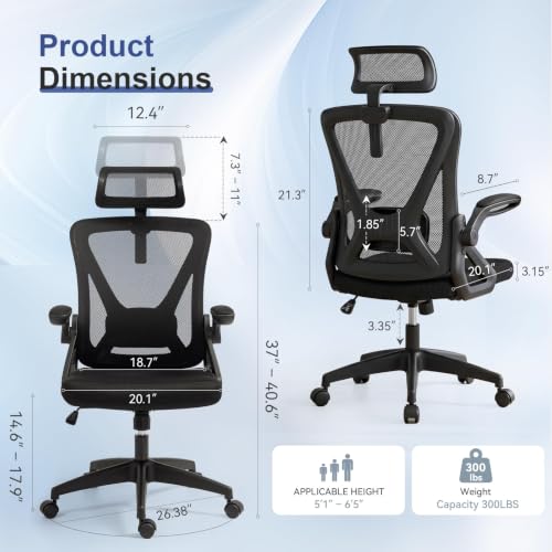 Image of Mesh Office Chair with Adjustable Lumbar Support & Headrest, Ergonomic Office Desk Chair with High Back, Swivel Rolling Computer Chair for Home Office, Black, Set of 2
