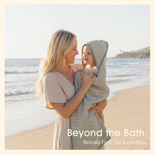 Image of Ultra-Soft Muslin Baby Towel - 32 x 32 Inches, Ideal for Bath & Beach, Suitable for Both Boys & Girls from Newborns to Toddlers (Sage Green Stripes)