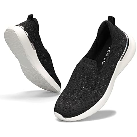 K KIP WOK Slip on Loafer Sneakers for Women Knit Mesh Walking Flat Lightweight Nurse Casual Breathable Work Shoes(Black White,7.5B(M) US) Cover
