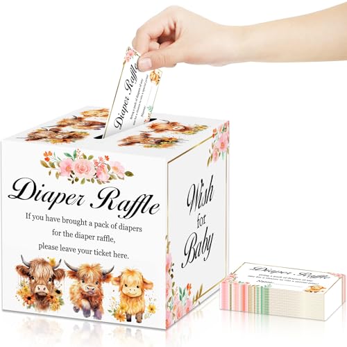 Yingoto 51pcs Highland Cow Baby Shower Decorations, Diaper Raffle Tickets for Baby Shower with Box, Bring a Pack of Diapers to Win Prize Game