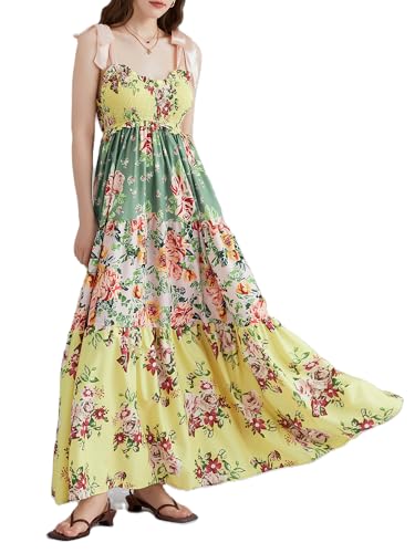 Image of Women Summer Floral Spaghetti Strap Dress Flowy Smocked Tie Up Boho Maxi Swing Dress Y2K Beach Sundress