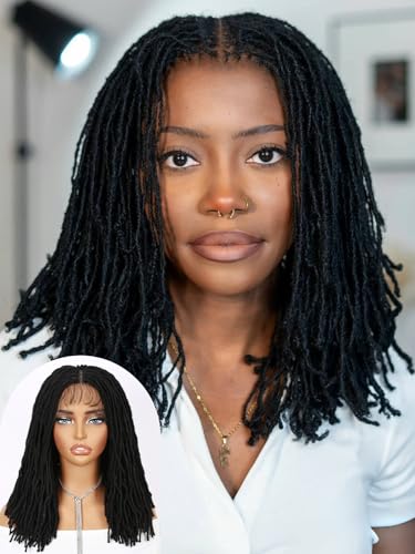 FANCEE Full Lace Short Faux Locs Wig with Baby Hair Pre Plucked Knotless Square Part Straight Pencil Size Dreadlock Soft Locs Full Double Lace Wig for Black Women Natural Hairstyle