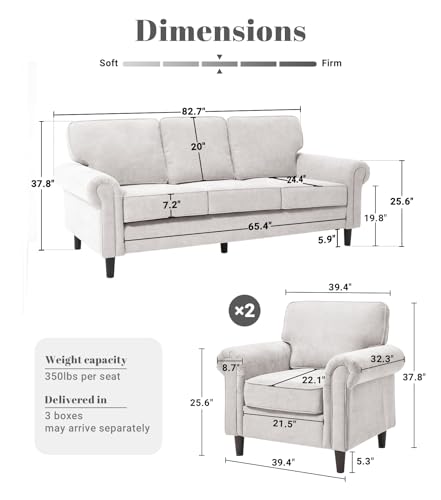 Image of Kingfun 3 Seater Couch with Chair, Mid Century Modern Sofa Set with Rolled Arms and Deep Seats, Fluffy Comfort for Living Room, Apartment, Easy Assembly, Beige