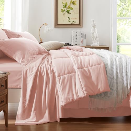 Anluoer Full Size Bed in a Bag 7 Pieces, Pink Bed Comforter Set with Sheets, All Season Bedding Sets with 1 Comforter, 2 Pillow Shams, 2 Pillowcases, 1 Flat Sheet, 1 Fitted Sheet