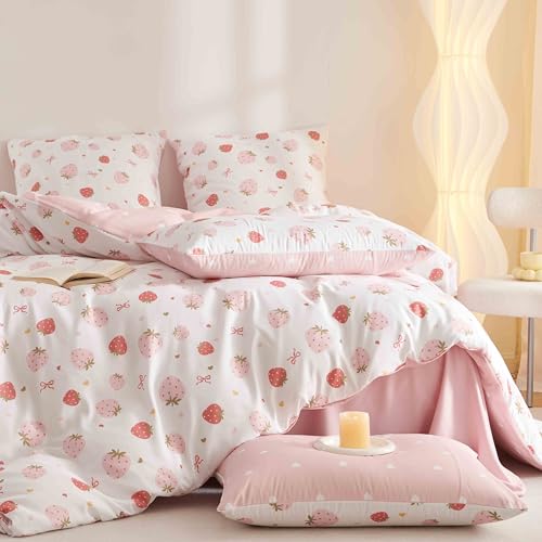 Image of Girls Duvet Cover Set Twin Size Pink White Strawberry and Heart Pattern Reversible Bedding Set Cartoon Cute Style,Soft Microfiber Comforter Cover with Zipper Closure and 1 Pillowcase