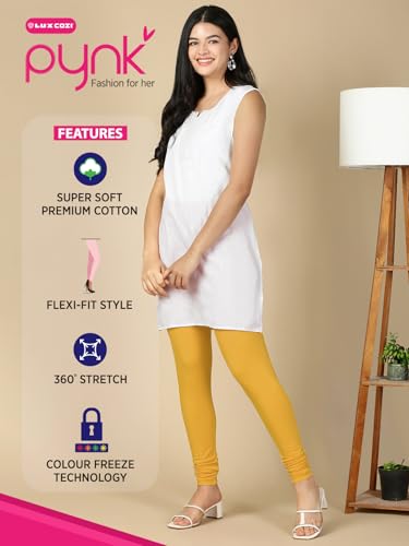 Image of Lux Cozi PYNK Solid Premium Cotton Lycra Churidar Leggings for Women | Regular Fit Elastic Waist Full Length Women Leggings | Free Size