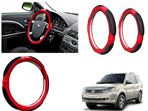 Image of Microfiber Car Steering Wheel Cover, Soft Padding Great Hand Feel, Anti-Slip, Faux Leather Steering Cover for Tata Safari Storme | Black Red Jali - Pack of 1