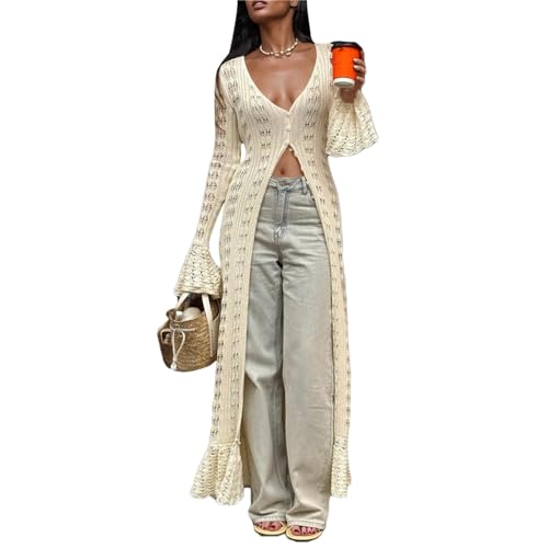 Women Crochet Knit Long Cardigans Bell Sleeve Ruffle Button Down Hollow Out Cover Up Lightweight Sweater Maxi Dress