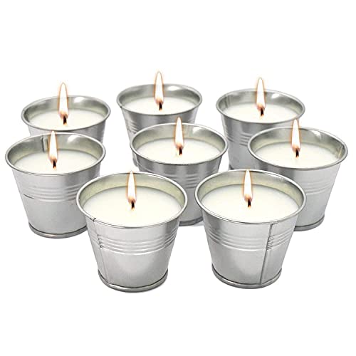 Velas de citronela para interior y exterior en cubo de metal Cera de soja natural, aceite esencial de limoncillo, ideal para acampar 8 piezas, tiempo de combustión 80-120 horas