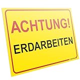 PRINTIMA PVC Schild „ACHTUNG! ERDARBEITEN“ 32x21cm – Warnschild mit Montagedübeln – Wetterfestes Bauschild zur Kennzeichnung von Bau- & Grabungszonen