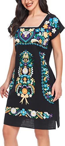 Image of YZXDORWJ Women Mexican Embroidered Dress Ruffle Collar Sleeveless