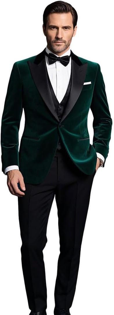 Men's Slim Fit Green Velvet Wedding Suits Notch Lapel Groom Tuxedos 3 PC Prom Suits Formal Suit