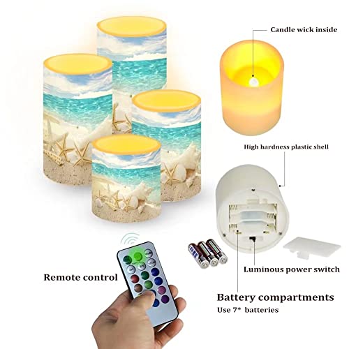 Image of Beach Starfish Seashell Flameless Light Candles Battery Powered with Timer Remote Color Chaging Pillar Candle with Warm Yellow Color Changing Light Pack of 4