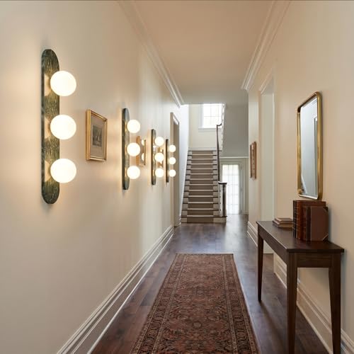 Image of Modern Green Marble Wall Sconce, Natural Stone Wall Lamp with Etched Opal Glass Shade, Mid-Century Minimalist Hardwired Wall Light for Bathroom Vanity, Bedroom, Living Room, Hallway 23.6in