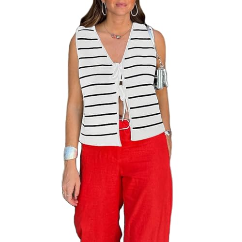 Image of jinghuiyue Womens Tie Sweater Vest Trendy V Neck Crochet Sleeveless Cardigan y2k Open Front Knit Tank Tops