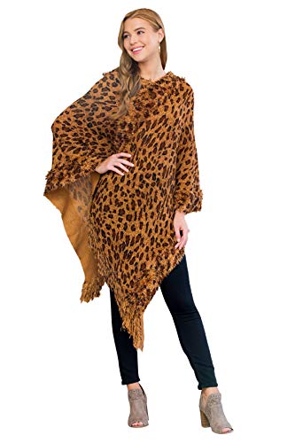 Classic Soft Knit Poncho Shawl Wrap - Winter Warm Fringe Tassel Sweater Cape, V-Neck Stripe Pullover Leopard Animal Print (V-Neck Fringe Poncho - Leopard Brown) #TOP29