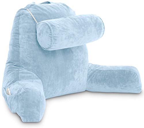 XXL Husband Pillow Sky Blue Backrest with Arms - Adult Reading Pillow Shredded Memory Foam, Ultra-Comfy Removable Microplush Cover, Detachable Neck Roll, Unmatched Support for Bed Rest Sit Up Pillow - Thumbnail 3