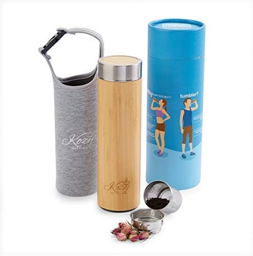 Organic Bamboo Tumbler with Tea Infuser & Strainer| 17oz Stainless Steel Water Bottle| Insulated BPA-Free Coffee Travel Mug With Mesh Filter for Brewing Loose Leaf (Gray Sleeve- Plain)