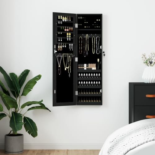 kithwjll Armario para joyas con espejo, montaje en pared, color negro, de madera, 30 x 8,5 x 106 cm, se puede cerrar con ganchos y estantes para pasillo, pasillo, dormitorio, cuarto de baño para