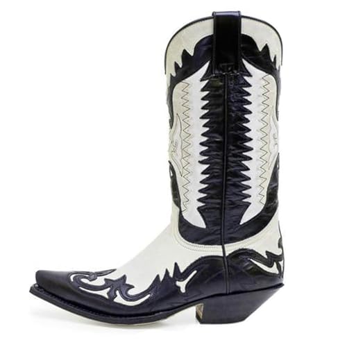 DHAEY Men Western Boots Fashionable PU Leather Low Heel Pointed Toe Comfortable Knight Boots Retro Classic Unisex Cowboy Boots for Spring Fall (Color : Black and White, Size : 8 Women/6.5 Men)