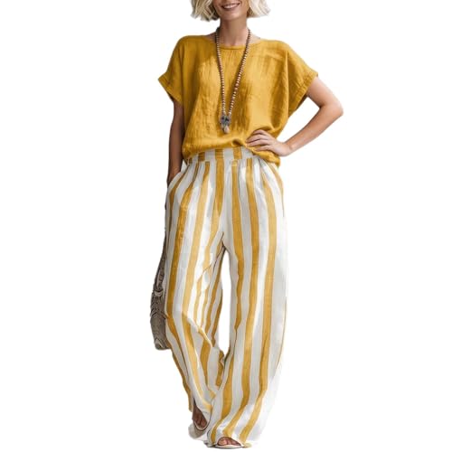 Conjunto de verano para mujer de corte holgado con diseño de rayas y lino