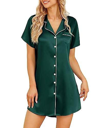 Senert Women's Button Down Nightgown Pajamas Dress Satin Nightgown Short Sleeve Sleep Shirt Boyfriend Nightshirt Dark Green,Large