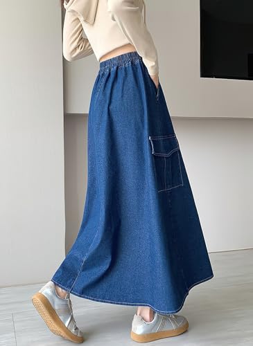 chouyatou Women's Cute Elastic High Waist Swing Jean Skirt A Line Long Midi Flare Denim Skirt with Pockets2
