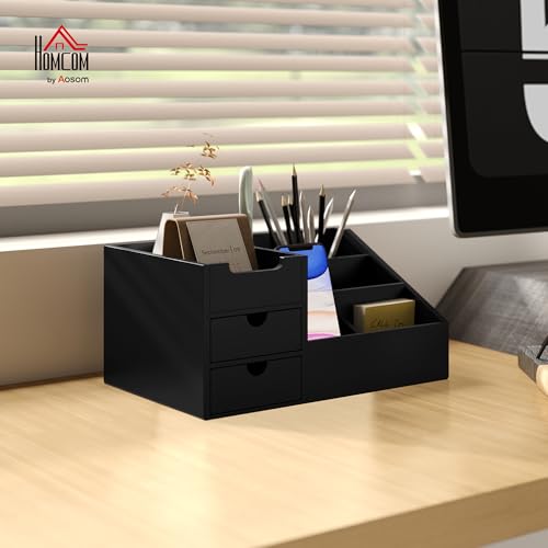 HOMCOM Organizador de Escritorio de Bambú Organizador de Mesa con 2 Cajones 6 Compartimentos y Estante para Oficina Hogar 33x20,5x15,5 cm Negro - imagen 2
