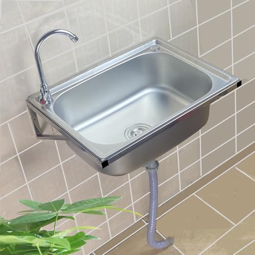 Fregadero de pared con grifo de cuello de cisne y kit de drenaje, lavabo de acero inoxidable para garaje, lavandería, lavado de manos