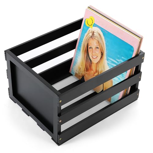 HOMBOUR Vinyl Record Storage Crate, Black Wooden Storage Crate Box