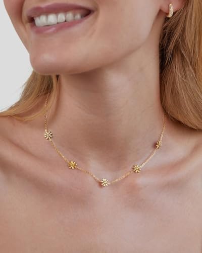 18K Gold Plated Daisy or Gold Ball Station Necklace for Women - Delicate Titanium Steel Non-tarnish Choker with Adjustable Chain, Perfect Layering Jewelry3
