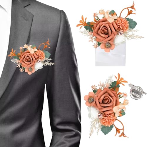 Roahosy 2 Pcs Orange Rose Boutonniere for Men, Groom Pocket Boutonniere for Wedding Terracotta Flowers Pocket Square Boutonnieres for Prom, Homecoming, Anniversary, Graduation